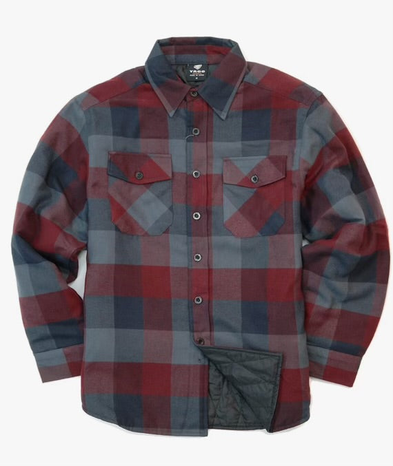 YAGO Men’s Quilted Lining Button Up Plaid Flannnel Jacket With Side Pockets wine/grey 5