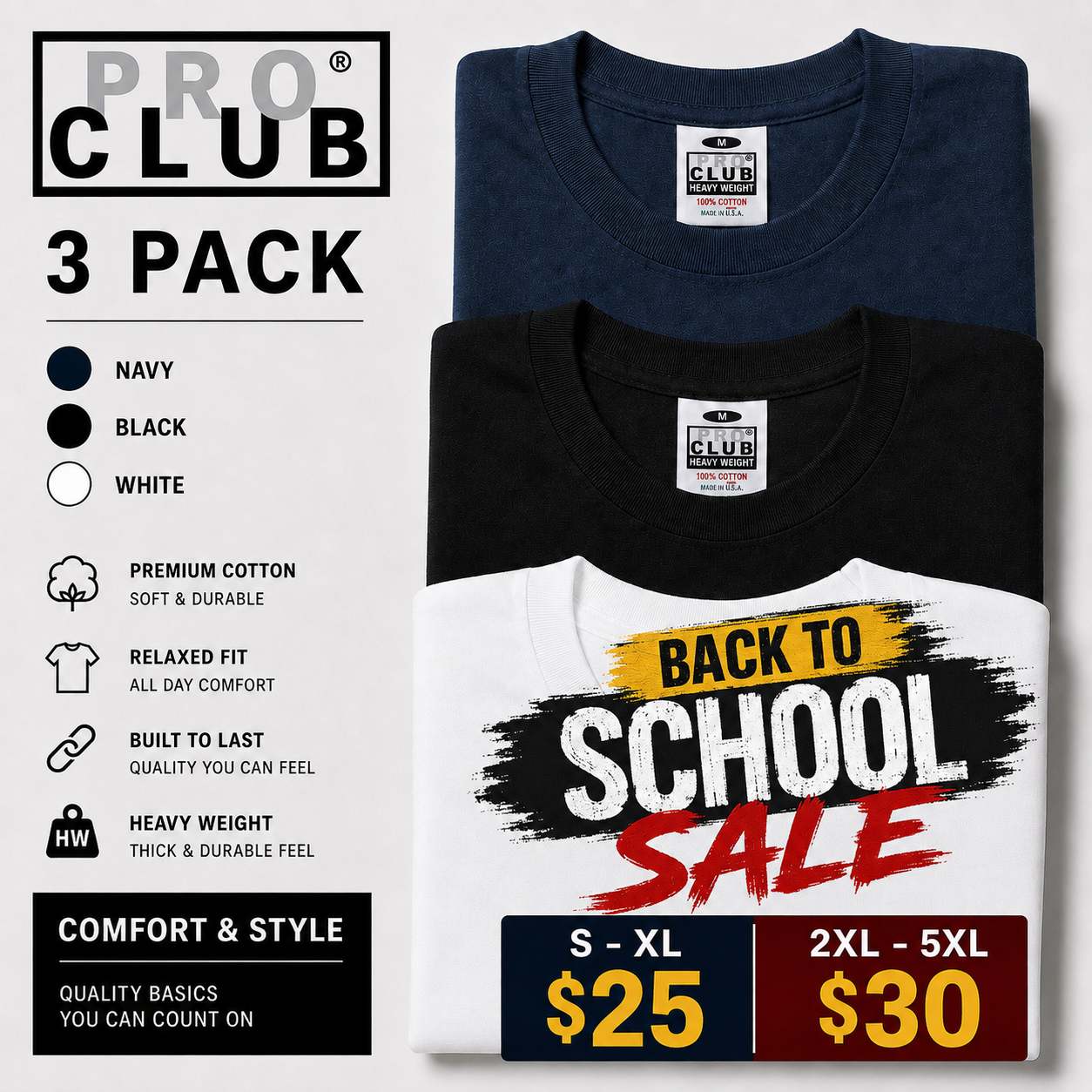 3 PACK PRO CLUB Heavyweight T-Shirts Back To School Sale 🎉 08/8