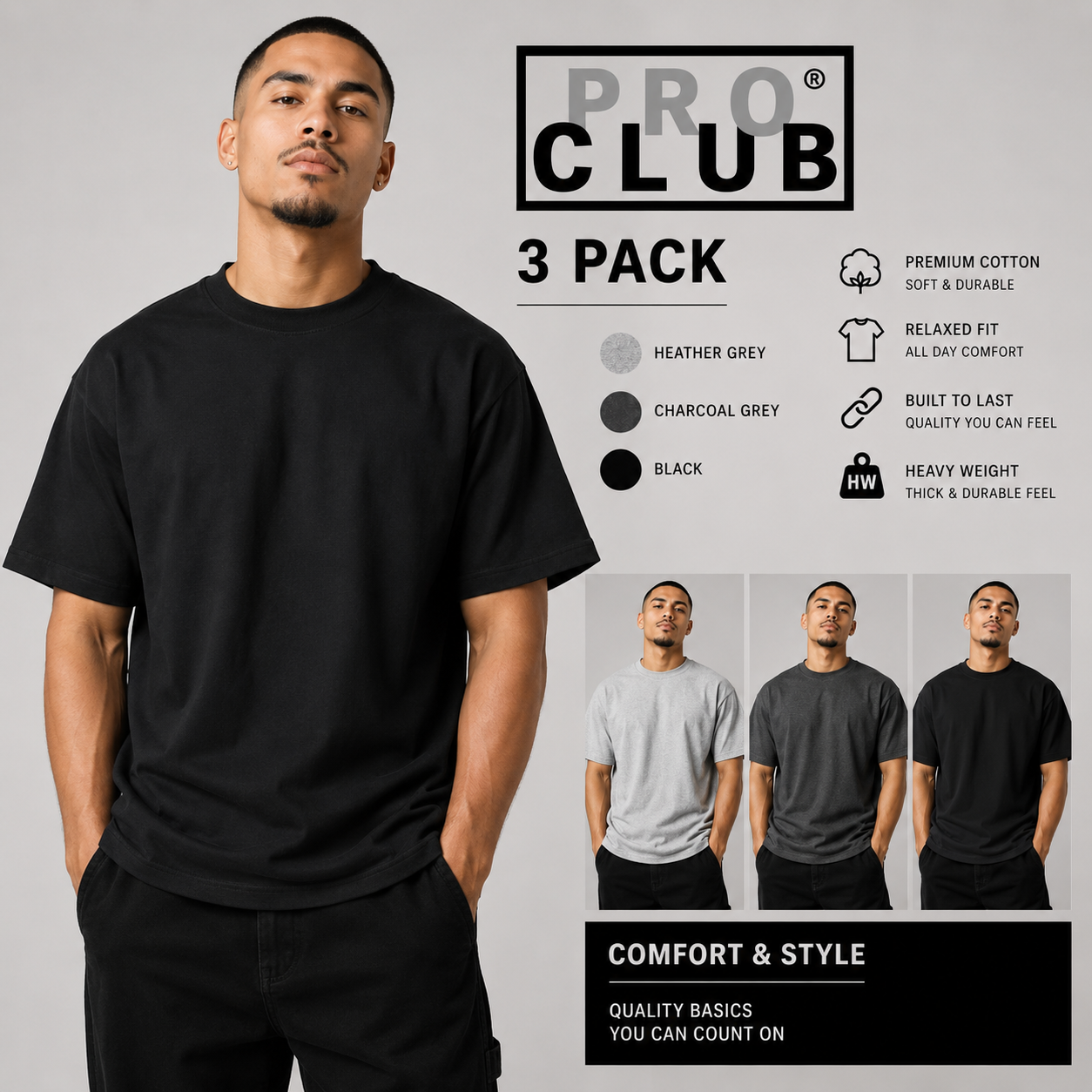 3 PACK PRO CLUB  Heavyweight T-Shirts Charcoal/Heather/Black