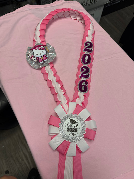 Graduation Lei Hot pink/White