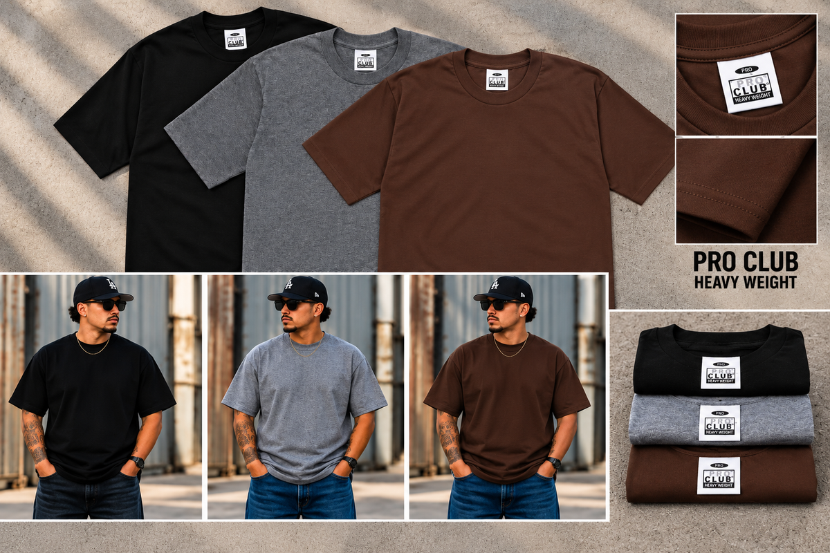 3 PACK PRO CLUB  Heavyweight T-Shirts Charcoal/Brown/Black