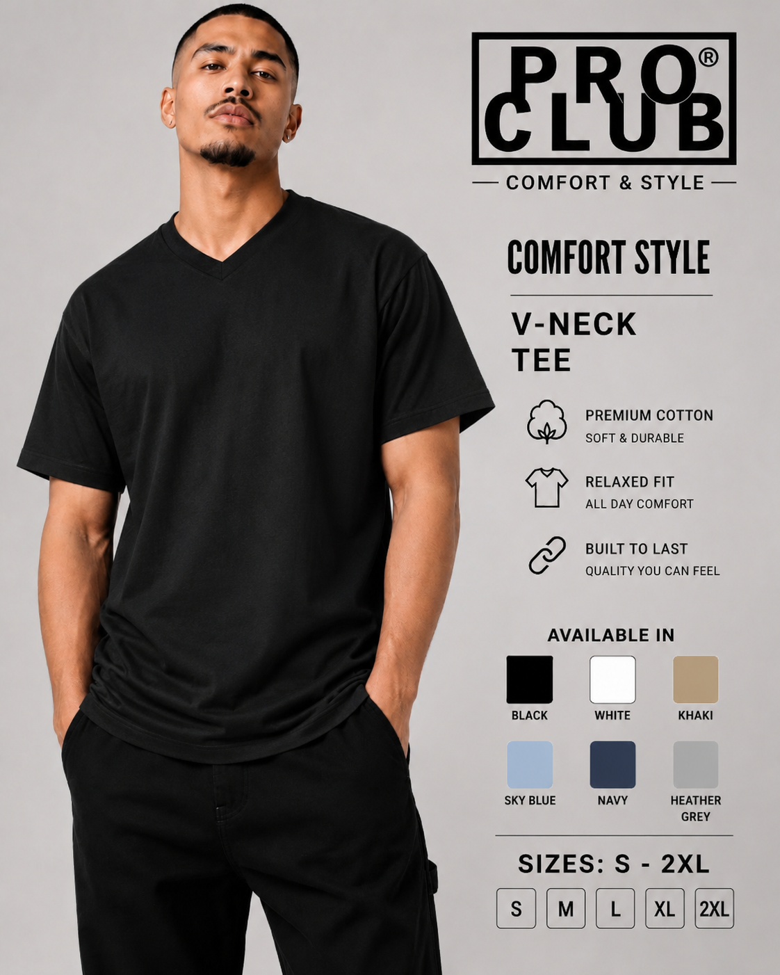 PRO CLUB Men's Comfort V-Neck Sleeve