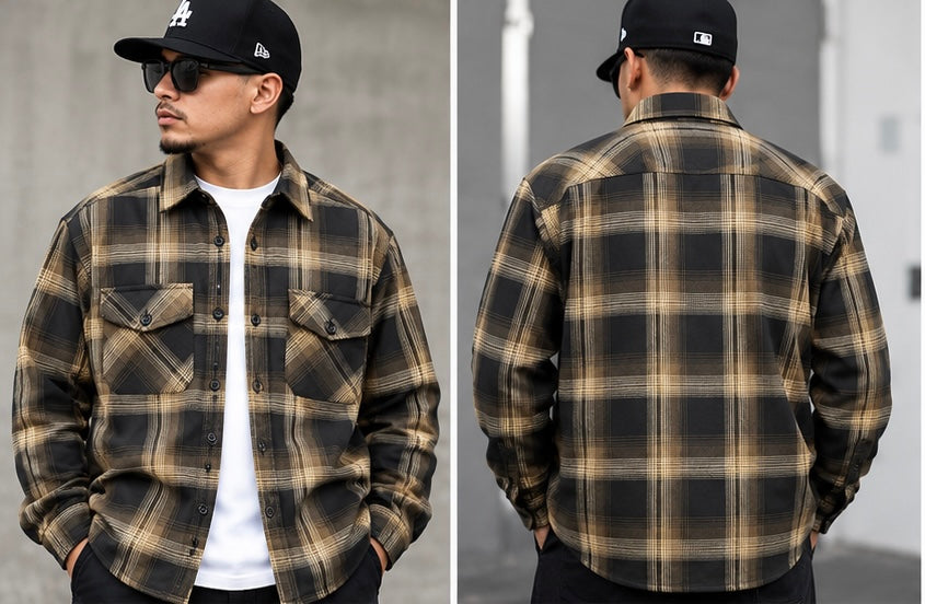Men's Quilted Lining Button Up Plaid Flannel Jacket with Side POCKET