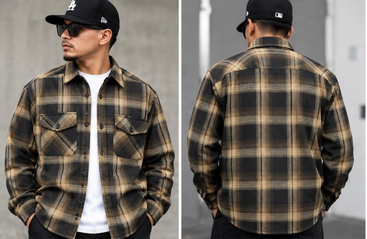 Men's Quilted Lining Button Up Plaid Flannel Jacket with Side POCKET