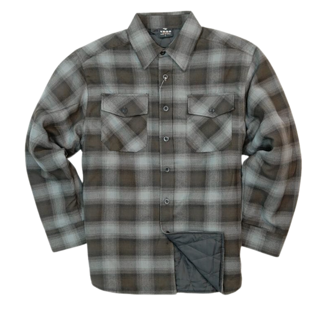 YAGO Men's Quilted Lining Button Up Plaid Flannel Jacket with Side Pocket Brown Grey A22