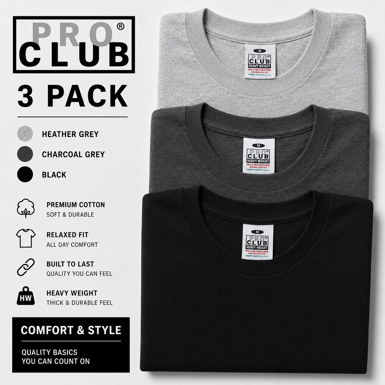 3 PACK PRO CLUB  Heavyweight T-Shirts Charcoal/Heather/Black