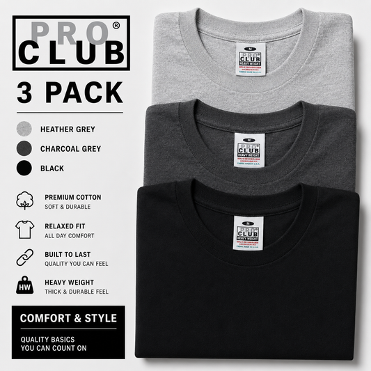 3 PACK PRO CLUB  Heavyweight T-Shirts Charcoal/Heather/Black