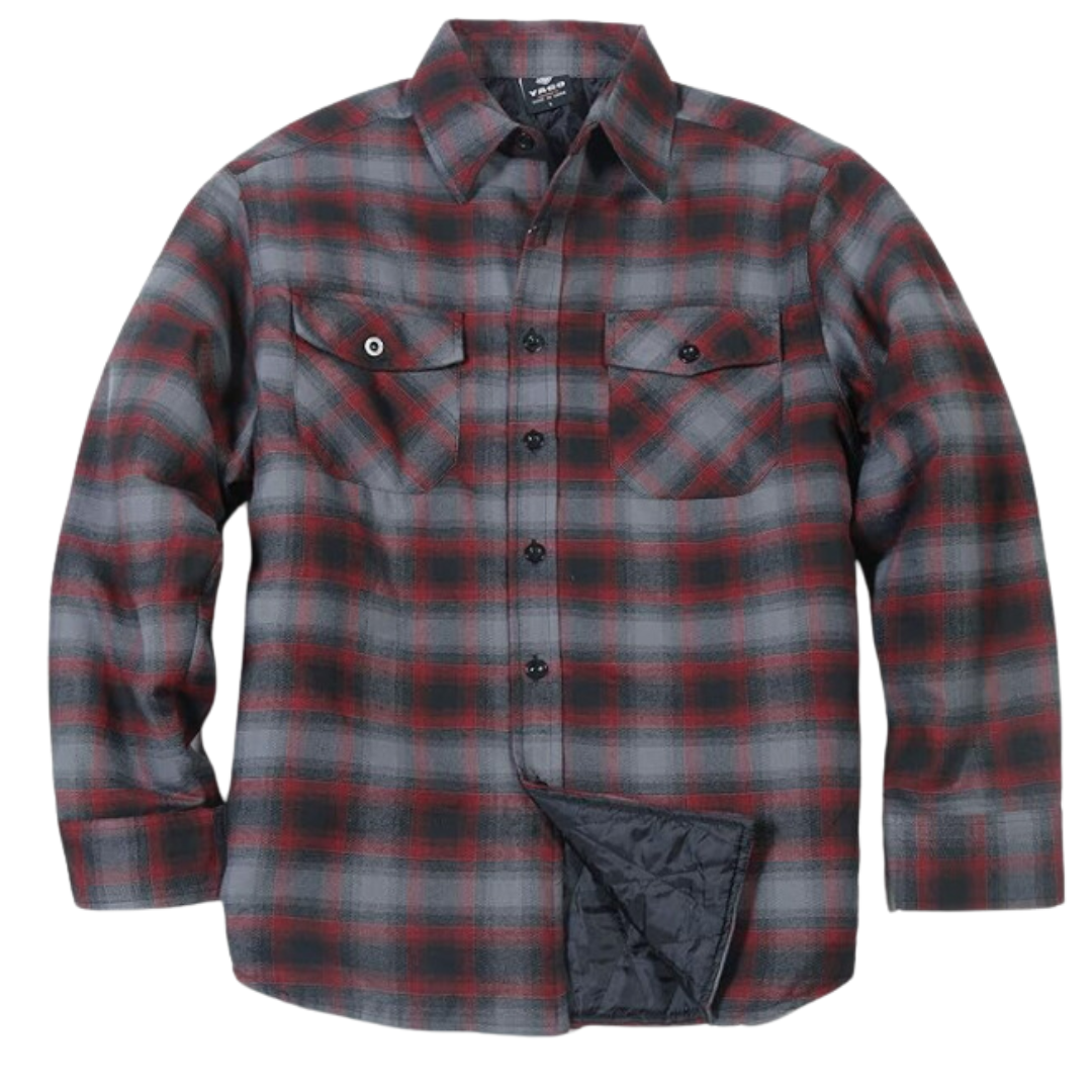 YAGO Men's Quilted Lining Button Up Plaid Flannel Jacket with Side POCKET Red Grey Ac7