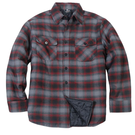 YAGO Men's Quilted Lining Button Up Plaid Flannel Jacket with Side POCKET Red Grey Ac7