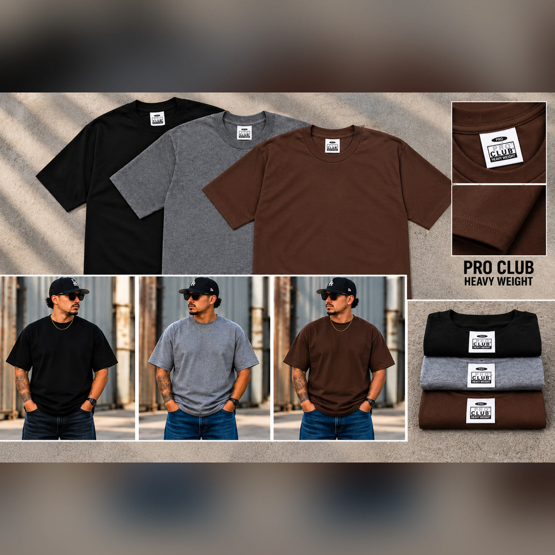 3 PACK PRO CLUB  Heavyweight T-Shirts Charcoal/Brown/Black