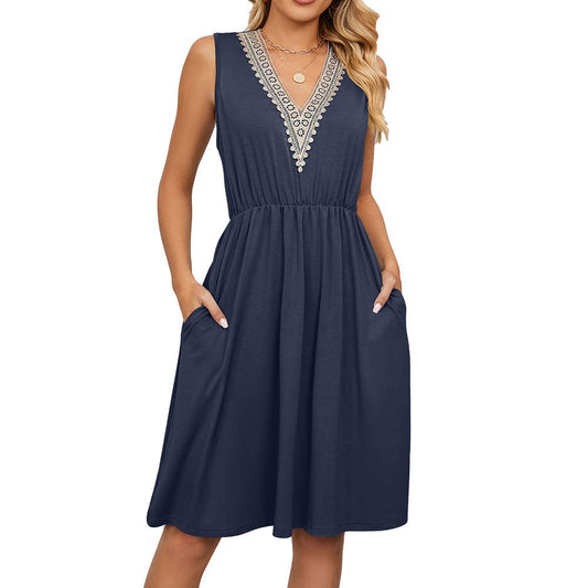 Summer Casual Sleevess V-Neck Mini Dress with Pockets: Navy / Large